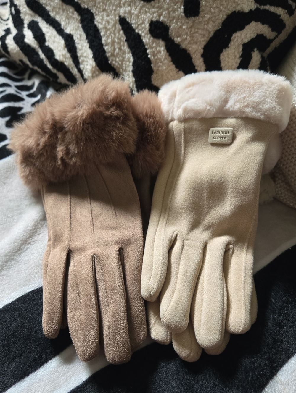 Women’s Plush Furry Cuff Faux Suede Gloves - Beige & Brown
